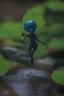 Placeholder: 🔬 Bioluminescent blue alien astronaut dancing among the water droplets on a beautiful green leaf.