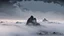 Placeholder: looking up at misty foreground and night sky background, no sun, single sharp narrow mountain peak coming through the mist in the center