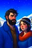 Placeholder: Mountain Christmas scene, dark haired couple, man with short black beard, blue wyes