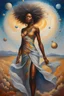 Placeholder: As she walks, her hair flows behind her like a celestial river, adding to the sense of movement and dynamism in the painting. Her presence is captivating, drawing the viewer into her orbit with her magnetic charm and grace. Overall, the painting captures the beauty and majesty of the cosmos, juxtaposed with the strength and resilience of the African female form. It's a celebration of diversity, beauty, and the infinite possibilities that lie within the universe.