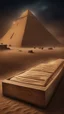 Placeholder: Hyper Realistic haunted view of Egyptian mummy coffins outside Pyramids with sandstorm at dark night