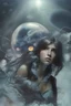 Placeholder: uma imagem de uma garota adolescente no oceano escuro; com uma água viva azul próxima a ela; a garota tem a pele clara, seu cabelo liso é marrom e tem olhos escuros; está usando uma roupa dos anos 1990. the jellyfish has to appear. O fundo da imagem é um oceano azul escuro e assustador, sobrancelhas preenchidas, rosto marcante;