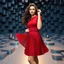 Placeholder: make a picture pretty stage made of metallic blue-gray teme 3d recursive cubic and sphere and cylinder base structures and a beautiful fashion model lady posing with cute in black and white and the scene is in color,with dark red top and pretty pleated midi skirt ,makeup curvy long hair,dynamic camera zoom to full body and pan, dynamic lights.