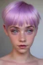 Placeholder: A young woman with lavender skin, purple eyes, pink hair in a pixie cut with pink freckles.