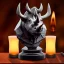 Placeholder: bust of rhino, ancient, magic,on dark wooden piano with drinking glass,compass,brilliance, candle, mead horn