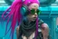 Placeholder: mermaid cyberpunk some fish scales on face pink hair dreadlock sunglasses entire body