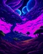 Placeholder: illustration of super cars by dan mumford, alien landscape and vegetation, epic scene, a lot of swirling clouds, high exposure, highly detailed, fantastical, vibrant purple tinted colors, uhd