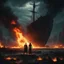 Placeholder: Underwater scene. Shipwreck in the Background. A burning captive standing on the sea ground and getting sent to hell. Epic. Dark Fantasy style. Cinematic. Album cover