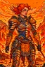 Placeholder: detailed illustration of ginger female divine paladin wearing full plate armor, heavily damaged armor, standing sad on a battlefield, battlefield on fire as background, dirt, misery and decadence, dark ambient, art by Mschiffer, tetradic colors,