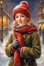 Placeholder: Painting of a cute girl in a red hat and scarf, snowfall in the background, bright night, by Thomas Kinkade