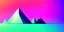 Placeholder: 3d rendering. Abstract futuristic neon background. Fantastic landscape with glowing geometric triangular frame and mountains