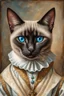 Placeholder: Portrait Renaissance Portrait of a female Siamese cat wearing classic mediveal gown and veil outfit, oil painting texture, piercing blue eyes, texture background