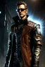 Placeholder: jc denton from teh deus ex game, a male tough character, wearing sun glasses, kevlar vest under the leather long coat. front shot is looking up with the light ray from above