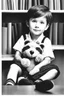 Placeholder: a young boy sitting on a shelf holding a teddy bear,7 years old, shirt