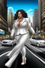 Placeholder: Create a digital airbrush cartoon of a plus size African American female wearing a white business suit with white heels. Prominent make up with hazel eyes. Highly detailed very long extremely curly black hair. She is wearing silver and diamond Jewely that shines of the lights. Her skin is smooth and silky. Background of a busy city street