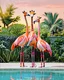 Placeholder: three giraffe-headed flamingos with giraffe neck and head and giraffe pattern standing in a Florida garden at a pool, acrylic and oil, minimalist, cinematic, dramatic, (glitch deconstruction:1.7), centered,, amazing verticals, excellent parallels