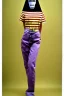 Placeholder: Photograph of a woman. Low waist jeans, baggy, loose fit, 1996,1997,1998!Big serigraph print of a plant!Terracotta,cream,purple,lilac. Cream colored latex parts. imperial yellow, red plum stripes, only on the top half of t-shirt. European daft punk woman. Mantle is sewed of recycled Denim and sewed together of recycled polymer felt. lace, Yellow(Munsell) areas. hint of orange as effect color!!Big bright purple/khaki felt tippet and cream or blue or lilac colored-hood. mantle is merged with cobal