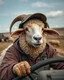 Placeholder: portrait with the head of a mechanic with a hybrid mixed body part sheep, working on an (close up old land rover 4wd) in the countryside