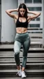 Placeholder: photography of skinny girl, face frontal, satin yoga pants, leohex, fashion photography, bright daylight, concrete background, ghetto gym, raw, grit