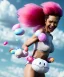 Placeholder: Ultra realistic speed clouds sky scene, wide angle view, sweet women falling down, feather inflatable color clothing, free jumping flying, many trinkets, hair monster, many jelly beans, balls, color smoke, smile, happy, circus style, extreme, wind, clouds sea, 20,000 feet altitude, stratosphere, soft color, highly detailed, unreal engine 5, ray tracing, RTX, lumen lighting, ultra detail, volumetric lighting, 3d, finely drawn, high definition, high resolution.