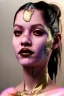 Placeholder: Realistic image, Rosalía artist, portrait, waist up portrait, long black eye line, sweet, gold and pink geisha style, spray glow make up, led lights, neon, led piercing nose, led ornament, fog, rain, bubble latex dress, vibrant color, highly detailed, art stations, concept art, smooth, unreal engine 5, god rays, ray tracing, RTX, lumen lighting, ultra detail, volumetric lighting, 3d, finely drawn, high definition, high resolution.
