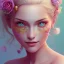 Placeholder: fairy, pink, blue, beautiful, happy smile, gold, jewels, hyperrealism, masterpiece, expert, cinematic lighting, sharp focus, 8K, pastel, macro lens, woman, detailed, flower