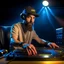 Placeholder: A short brown beard DJ with a baseball hat on his head, sing at microphone, many electronic consoles at club, laser show, FRONT VIEW