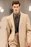 Placeholder: a guy winter fashion runway with modern clothes inspired by Superman style clothes, embroidery elegant fashion beige tones