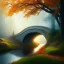 Placeholder: ultra realism, bridge over ravine in autumn,white radiating horse, fantasy art, spray paint, fog, light rays, fox, dogs