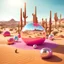 Placeholder: Bright, glittering, 3d, plastic-like, surreal objects in a bright environment, desert, noon light