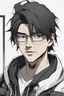 Placeholder: A 27-year-old young gentle man, with black hair, a thick chin, and wearing glasses, black clothes, hoodi, cyberpunk, smart face, Confident smile