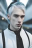 Placeholder: man with pale skin and ice blue eyes, white hair with a dyed black undercut