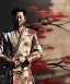 Placeholder: an abstract painting of rusted metal and flowers, Japan Samurai, Geisha style, 8K, a Highly detailed stunning portrait of Dom man holding a submissive woman by the chain, realistic face, white suit, beard, and short hair, bad boy