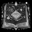 Placeholder: Make black and white cute drawing of a Spellbook with black bold lines. Only outline, no grayscale. A thick, glowing book with intricate designs on its cover. Show magical symbols and runes floating above the open pages, and surround it with tiny glowing motes of light.