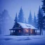 Placeholder: A cabin deep in the woods, during a winter snowstorm,big snow-covered Christmas trees with bright colorful lights in the background,,