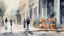 Placeholder: painting. watercolor. poor family. Selling on the sidewalk. salesman. minimal