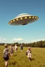 Placeholder: bumpersticker, westall ufo 1966, lots of school children looking up in a field, mysterious cool, bold