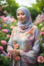 Placeholder: Indonesian woman in hijab with opals and floral clothing in flower garden DSLR RAW" to search for similar images on stock photo websites or contact a photographer for a custom shoot.