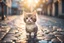 Placeholder: cute happy chibi cat standing on a wet cobblestone road in sunshine, ethereal, cinematic postprocessing, bokeh, dof