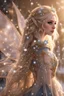 Placeholder: Elven princess,elven crown,long white blonde golden hair,rapunzel hair,ice flowers,beautiful,light blue,dark blue,golden armor,sparkle,glitter,ice flowers,snow,elven ears,dark fairy princess