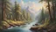 Placeholder: a painting of a serene forest with a river running through it, in the style of Bob Ross, Thomas Kinkade, and Albert Bierstadt, peaceful and calming, intricate details, vibrant colors, 4k resolution