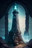 Placeholder: Mystische Statue aus Stein vor einem Fantasy Portal die einen alten Leuchtturmwärter zeigt