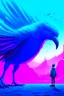 Placeholder: giant blue bird attacking small man in the metaverse style of beeple