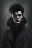 Placeholder: Portrait of a 23 year old male with dark styled hair. That wears a peacoat and has an obsession with aliens.