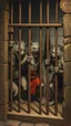 Placeholder: Bosch painting style , three wolfs men bent the prison bars and escaped