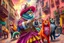 Placeholder: "The Feline Pied Piper of Hamelin, wearing an extravagant, flamboyant Renaissance costume in neon pinks, electric blues, gold and crimson, playing a glowing magical flute, leading a surreal parade of colorful, fantastical cats with glowing eyes and shimmering fur, dancing through vibrant Renaissance streets exploding with color, surreal skies, candy-colored buildings, confetti in the air, astonished townsfolk watching from wildly decorated balconies, ultra-saturated, psychedelic baroque style, e