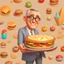 Placeholder: Disney pixar 3D style tan skin middle aged man with short haircut wearing thin round glasses and suit in food background smiling