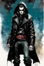 Placeholder: Create a fine art print , illustration of a small hooded epic fantasy gothpunk thief character , finely lined and detailed facial features, in an fur collared leather jerkin and breeches , a short oriental cloth belt at the waist, stealthy soft leather slippers, , in the comic book style of Bill Sienkiewicz, Howard Chaykin, Mike Mignola, Philippe Druillet, and Jean Giraud Moebius, precisely drawn, colored and inked