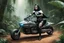 Placeholder: (high res photo by unknown surrealist artist) scifi Princess as a tattooed gangsta nun in her iconic outfit, she is driving a speeder moto in the jungle, aiming with her scifi rigle in hand, ready to shoot