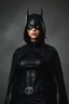 Placeholder: a sad looking superhero women wearing all black with a cape